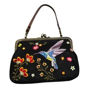 Vintage Style Hummingbird Embroidered Kiss Lock Handbag Floral Frame Purse